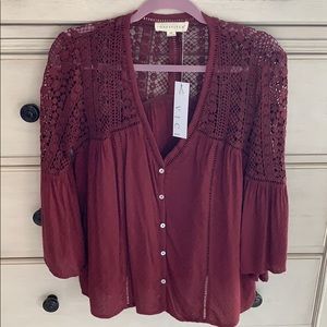 NWT burgundy color crochet bell sleeve top